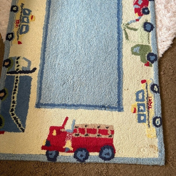 Vintage Pottery Barn Wool Carpet 3x5 59” x 36” Cars Firetruck Tow Truck Cab Blue - Picture 2 of 6